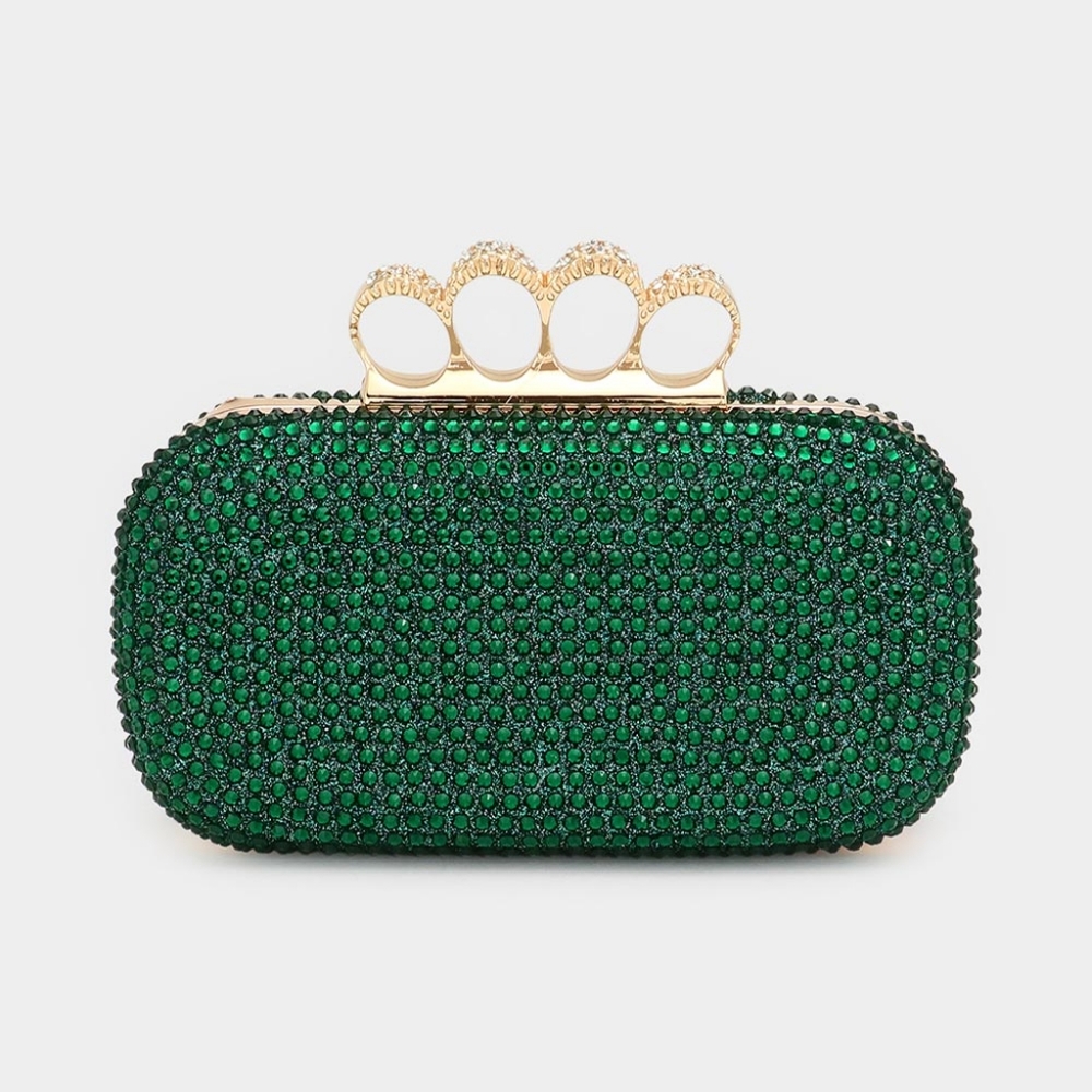 Green Clutch Knuckle Ring Rhinestone Crystal Purse Bling Evening Crossbody Bag